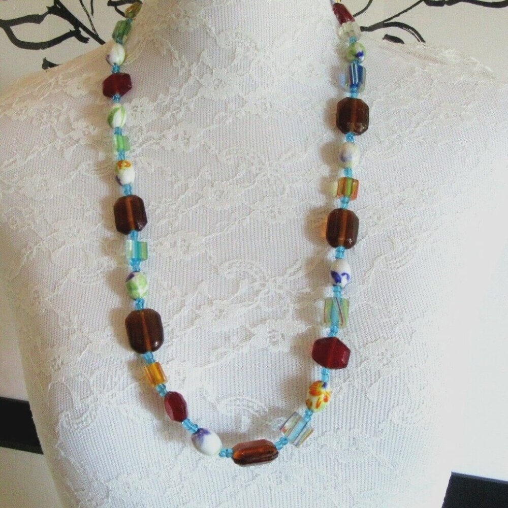 Art glass & ceramic beaded necklace aqua, brown & amber tones - multi shapes